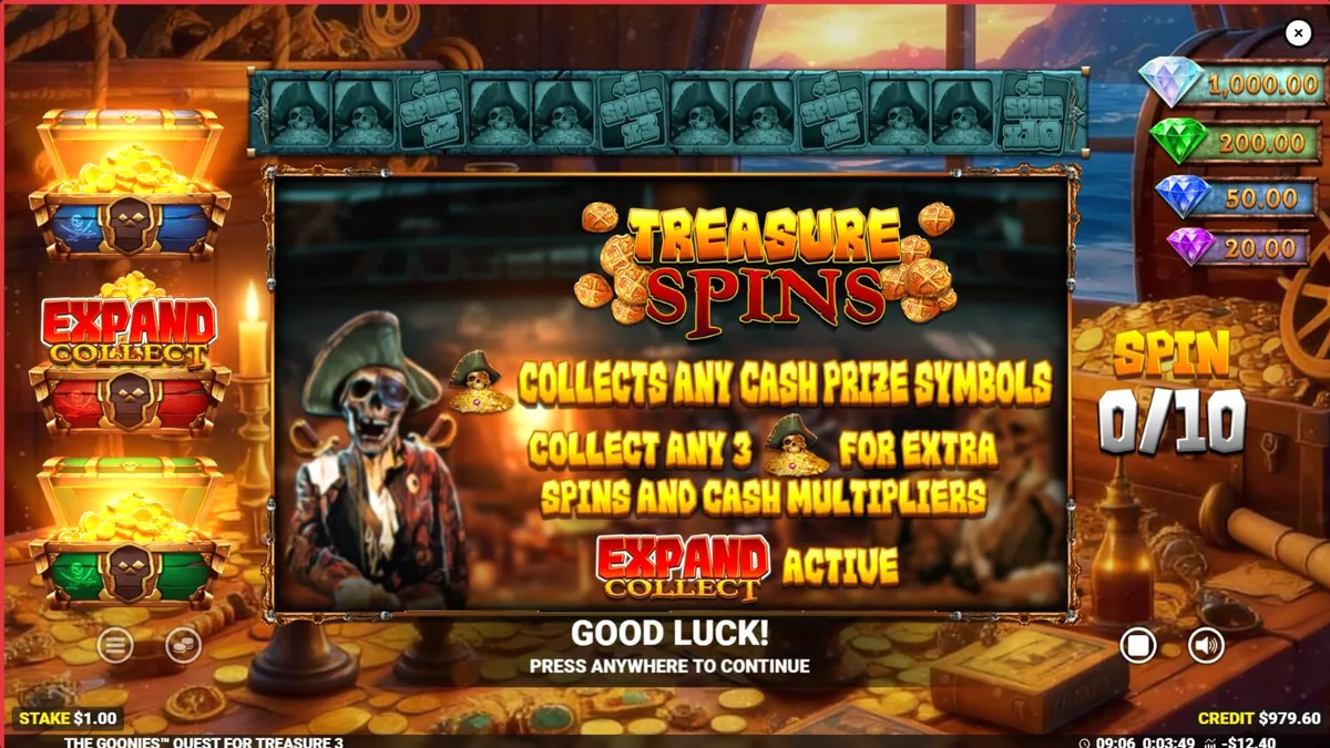 The Goonies Quest for Treasure 3 slot game interface featuring iconic movie characters and pirate theme elements.